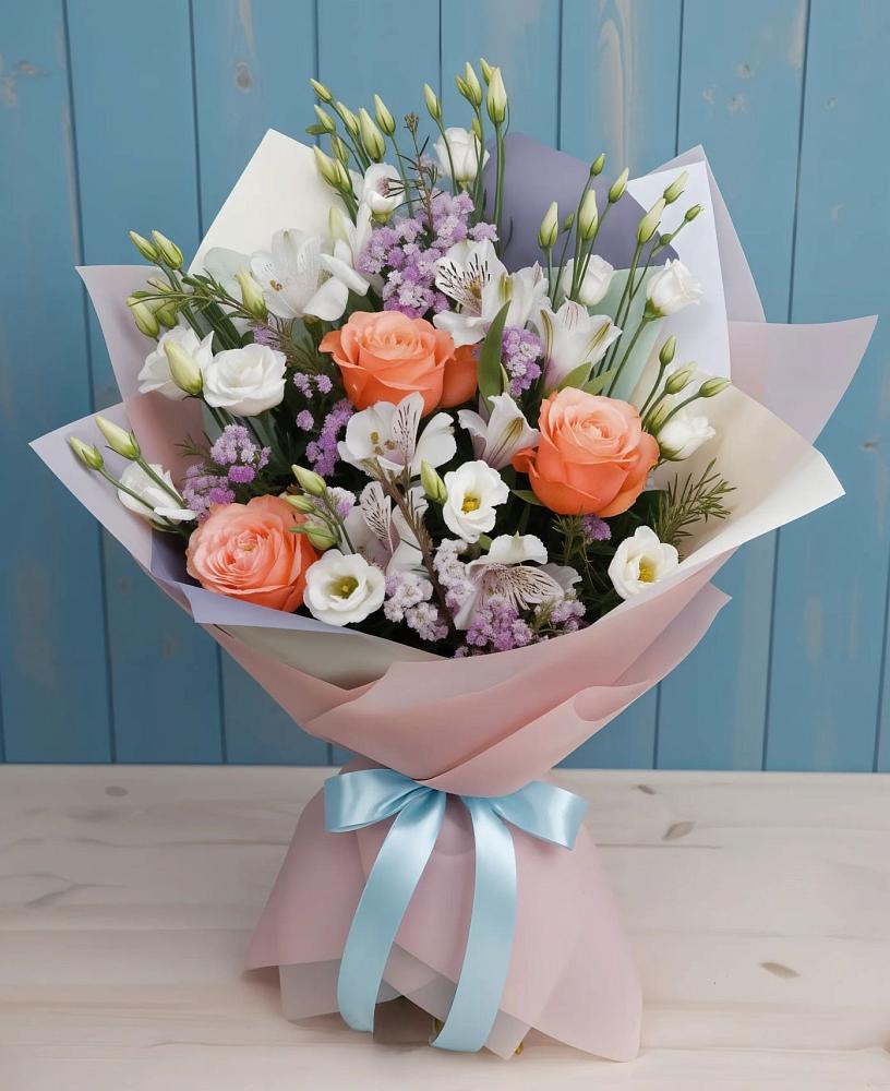 Букет цветов из: Лизиантусы, Розы, Альстромерии и Гипсофила в Кетово