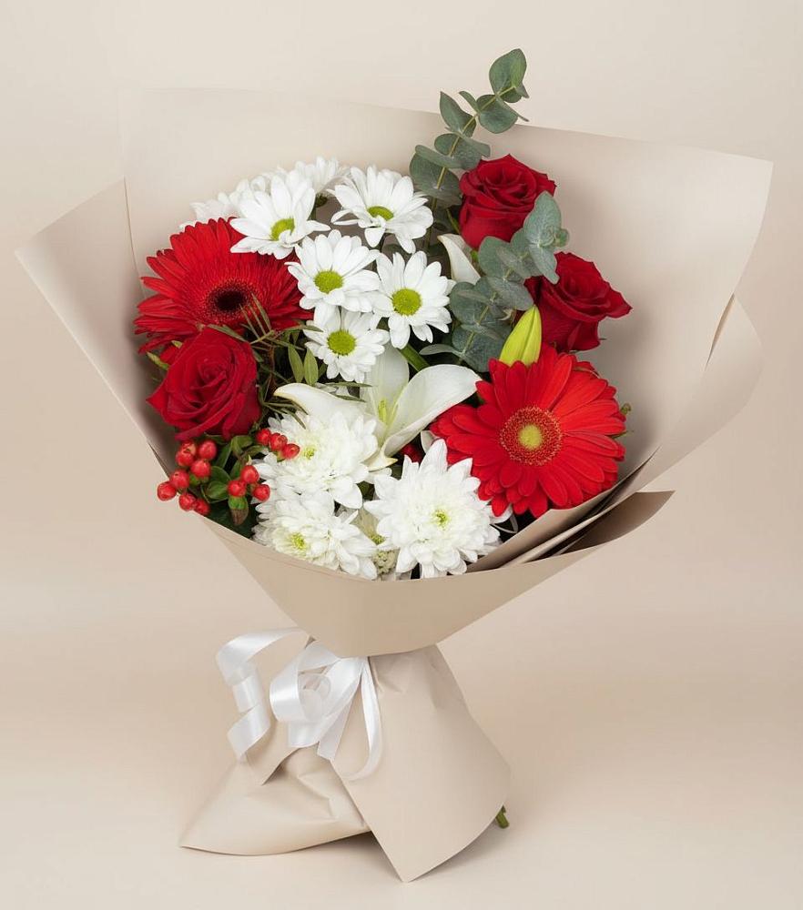 Букет цветов из: Розы, Хризантемы, Герберы и Лилии в Кетово
