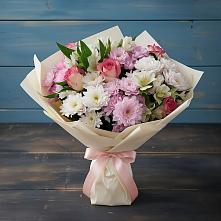 Букет цветов из:  Хризантемы, Альстромерии и Розы #REPLACE_PRED# Кетово