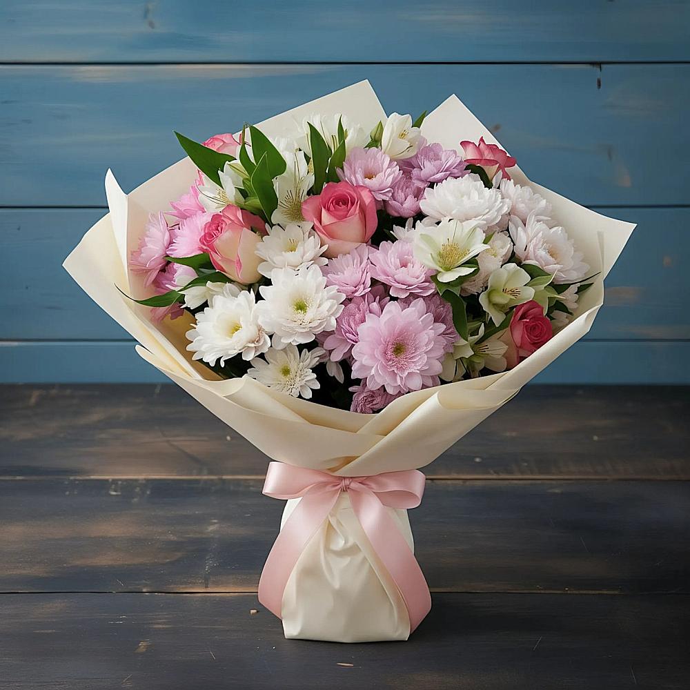 Букет цветов из: Хризантемы, Альстромерии и Розы в Кетово